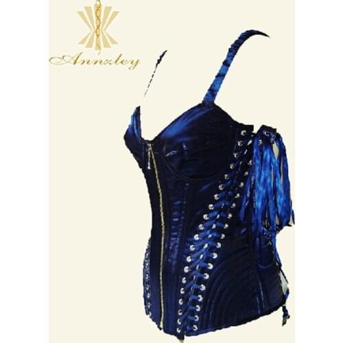 Annzley Corset! Sexy Authentic Steel Boned Blue Satin Two Sides Lacings Front Zipper Corsets Bustiers Top