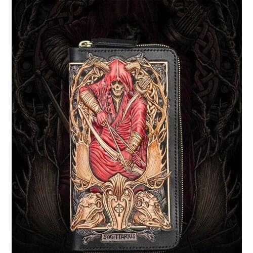 Handmade Genuine Leather Sagittarius Wallets Cartoon Constellation Purses Men Long Clutch Vegetable Tanned Leather Card Holder