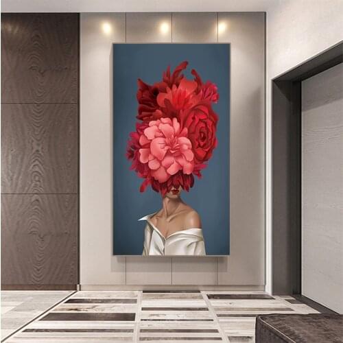 Red Floral Flowers Woman Abstract Canvas Painting Wall Art Prints and Posters Picture Decorative Painting Living Room Home Decor