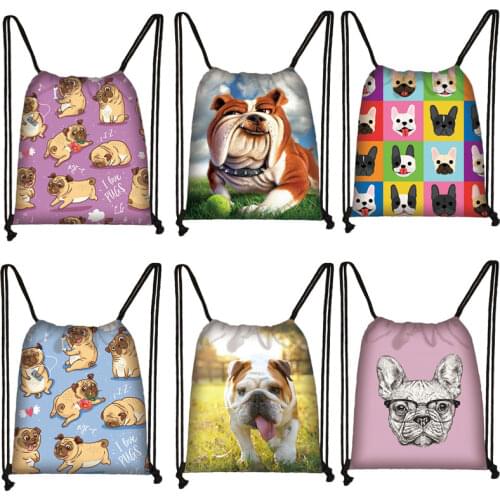 Fashion Women Drawstring Backpack Cartoon dog 3D Pug Dog Printing Travel Softback Women Mochila Drawstring Bags
