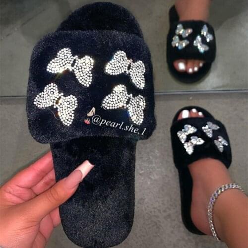Custom Soft Fashion Winter Warm Closed Toe Fluffy Bling Faux Fur Plush House Fuzzy Slippers