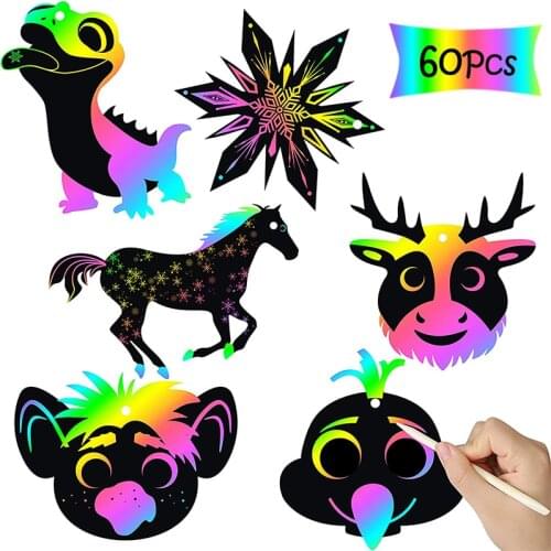 60Pcs Scratch DIY Craft Kits Party Supplies Birthday Party Favors Decor Rainbow Color Scratch Cards Parties Games for Children