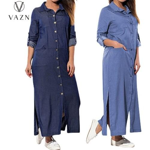 VAZN New 2021 Plus Size Full Sleeve Summer Boho Jean Blue Sexy V-neck Maxi Dresses Clothing Sexy Shinny Young Lady Dress