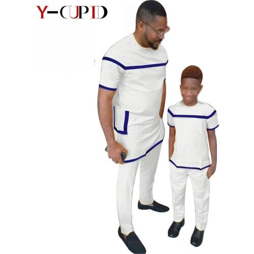 African Clothes for Men Father and Boys Son 2 Pieces Solid Top and Pants Sets Bazin Riche Custom Family Matching Outfits S20F001