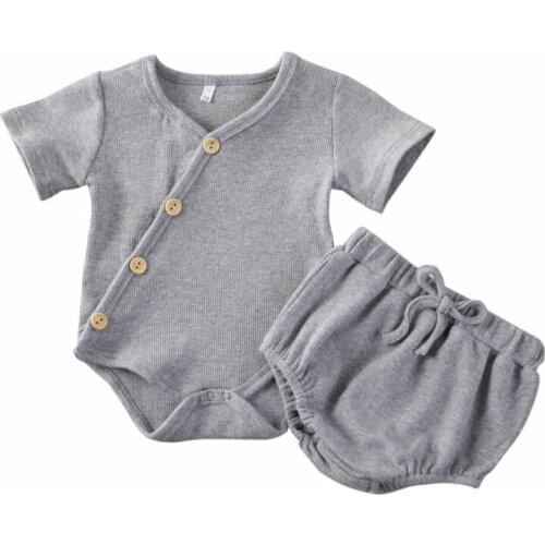 0-18M Infant Toddler Baby Baby Girl Solid Romper Tops & Shorts Pants Outfits 2PCS Set