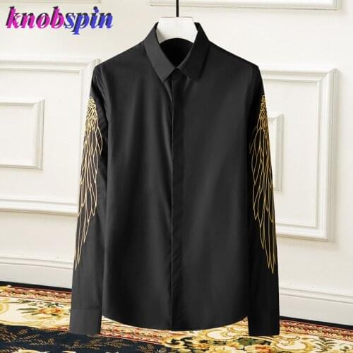 Long sleeve Gold Wings 3D Embroidery Shirt men Fashion Slim Chemise homme Solid color long sleeve business male dress shirts 4XL