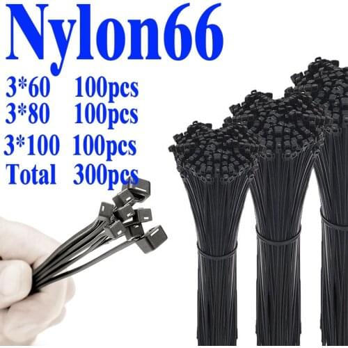 Assorted Self-locking Nylon Cable Tie Black Plastic Zip Tie Loop Wire Wrap 3*60 3*80 3*100