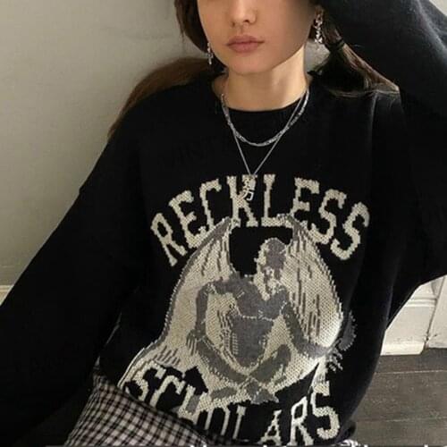 Woman sweatshirts vintage harajuku Loose Black little devil printed grunge clothes gothic Y2k oversized sweater Punk sweatshirt