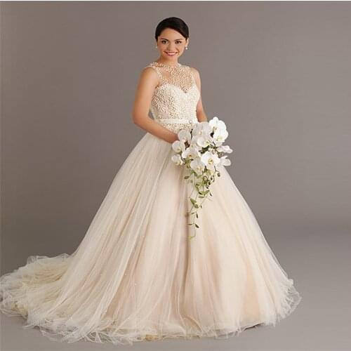 Jewel Sheer Sleeveless Wedding Dresses Beaded Pearls Ball Gown Bridal Dress Custom Made Long See Through Back Vestidos De Mariee