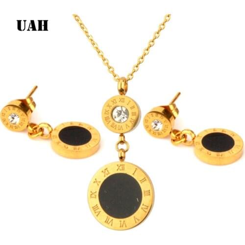 UAH Fashion Double Round Earrings Pendant Necklace Jewelry Gold Color Roman Numeral Design Stainless Steel Jewelry for Women