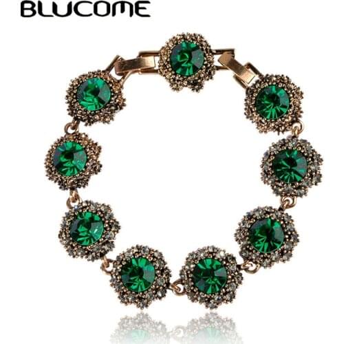Blucome Vintage Women Lady Jewelry Bracelets Rhinestones Bangles Pulseras Pulseira Antique Gold Color Party Bijoux Accessories