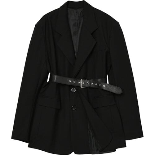 Black Blazer Coat Women 2021 Fashion Solid Color Lapel With Belt Casual Temperament Qversize Female Outerwear Jacket Chic Tops