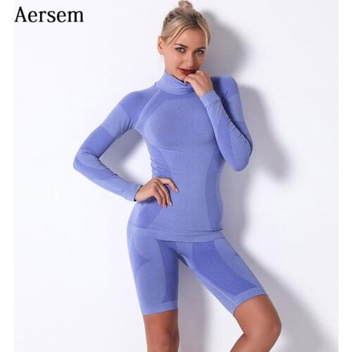 Aersem Seamless Women Sports Set Striped Long Sleeve Crop Top+Shorts 2020 Knitting Workout Suit Running Gym Yoga Clothes Female