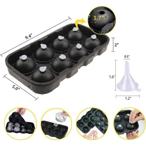 1 Pcs Black Round Silicon Ice Cube Ball Maker Tray 8 Large Sphere Molds Bar w/ Funnel
