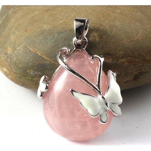 100-Unique 1 Pcs Silver Plated Water Drop Rose Pink Quartz Pendant For Anniversary Gift Butterfly Jewelry