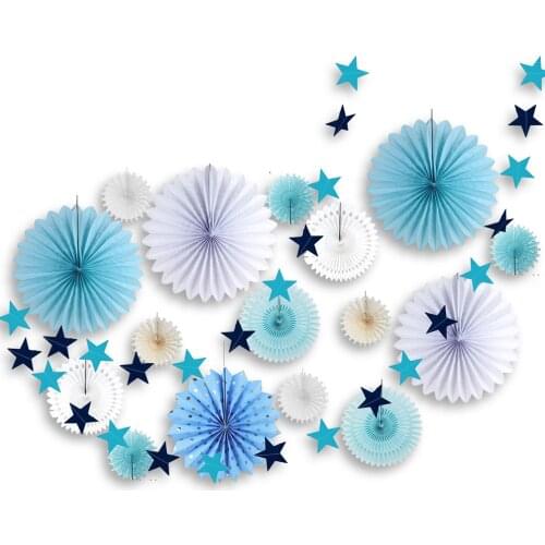 17pcs Blue & White Boy Baby Shower Decorations Gender Reveal Birthday Party Decoration Kids Paper Rosettes Fans Photo Backdrop