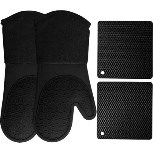 4Pcs Silicone Oven Mitts Pot Holders Heavy Duty Cooking Gloves With Quilted Liner Silicone Glove Kitchen Counter Mats Coaster