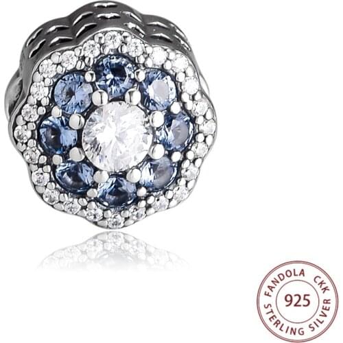 100% 925 Sterling Silver Blue Sparkling Flower Charm Beads for Jewelry Making Fits Pandora Charms Bracelet Wholesale