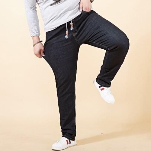 Mens Elastic Waist Super Large Fashion Casual Loose Black Jeans Drawstring Brand Long Pants Size 28-33 34 36 38 40 42 44 46 48
