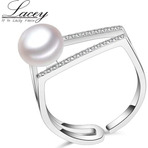 Real Pearl Rings,Silver Ring with Shiny Gem-studded Adjustable Size Freshwater Natural Pearl Ring 925 silver Jewelry Anniversary