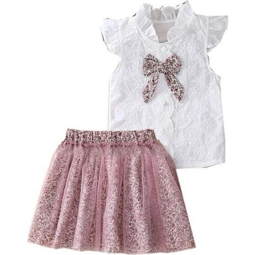 2021 New Spring Summer New Girls Beautiful Short-Sleeved Shirt + Mesh Skirt Suit Childrens Clothing Clothing Shorts Suit 2Pcs