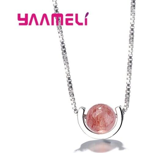 Nice 925 Sterling Silver Chains Natural Strawberry Quartz Pendants Necklace Collar Luxury Gift for Women Girls Christmas Gift
