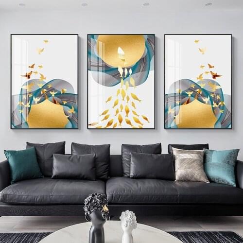 Creative Golden Birds fish landscape Wild goose modern decorative Picture Canvas Wall Art Poster for room hotel office decor