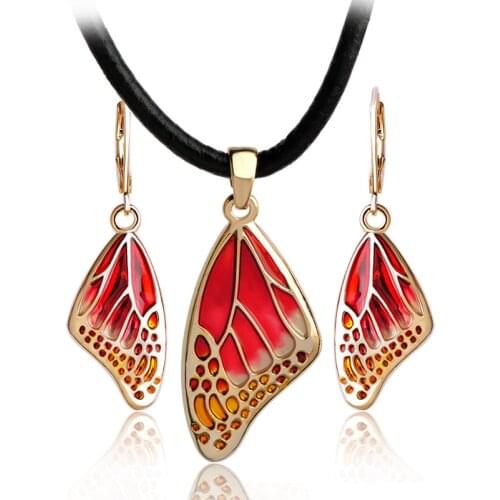 Madrry Butterfly Shape Colorful Enamel Jewelry Sets for Women Pendant Necklace and Earrings Rope Leather Chain Choker Feminino