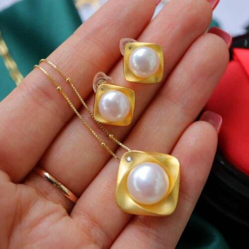 FROSTED 925 STERLING SILVER NATURAL PEARL DROP EARRINGS AND NECKLACE FOR WOMEN ANCIENT CRAFT GOLD-PLATED JEWELRY SET