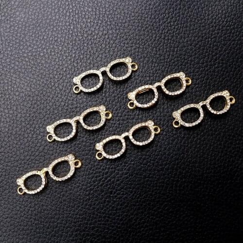 6pcs/lot Gold Plated Glasses Shaped Double Hanging Connector Rhinestone Charms Necklace Pendant DIY Jewelry Making 38*12mm P270