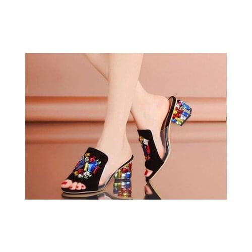 Genuine Leather Diamond Sandals Large Size 42 43 Women Slippers Rhinestone Peep Toe Nightclub Sexy Summer Slippers