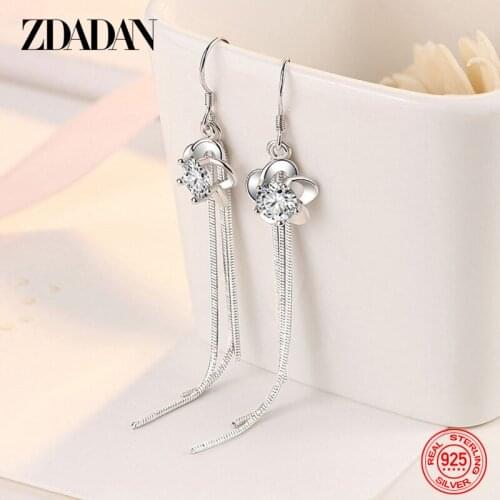 ZDADAN 925 Sterling Silver Flower Zircon Long Tassel Dangle Earrings For Women Charm Jewelry Party Gift