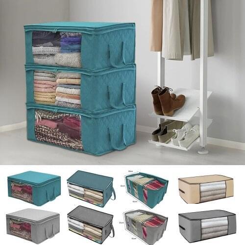 3pcs Non-Woven Fabric Clothing Storage Bag Folding Storage Box Clear Window Zipper Case Clothes Organizer Handles