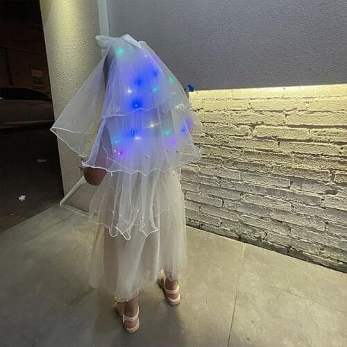 Wedding Bridal Veil with Clip/Comb Hair Accessories for Brides Girls Curly Edge Tulle Veils with Light String 8 Colors