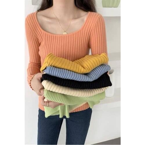 Womens thin knit wear Square Collar knitted sweater slim fit bottoming top Korean style female long sleeve topping autumn winter
