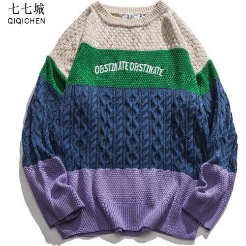 Hip Hop Men Sweaters Retro Patchwork Letter Oversized Streetwear Harajuku Autumn New Knitting Pullover Mens Harajuku Sweaters