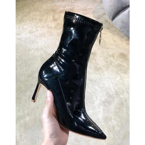 Moraima Snc Fashion Black patent leather Woman Boots Sexy Pointed Toe Front Zipper Ankle Boots Thin Heels Riding Boots