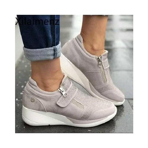 Women Spring Crystal Sneakers Womens Wedge Platform Hook Loop Ladies Zip Casual Woman Vulcanized Comfort Female Fashion 35-43