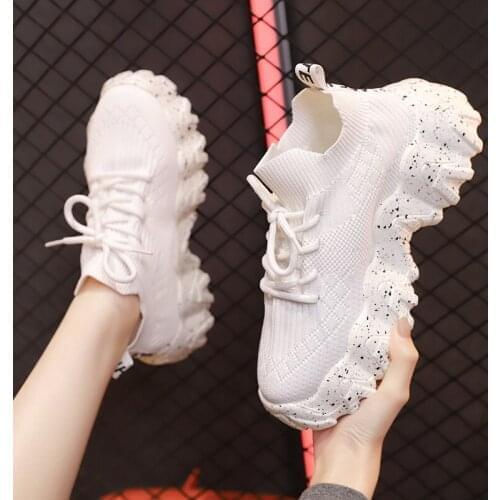 Breathable Mesh Chunky Sneakers Women 2021 autumn Summer Knitted Height Increasing Shoes Woman White red black Casual Footwear