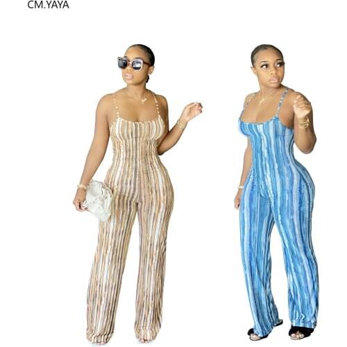 CM.YAYA Women Striped Print Sleeveless Bodycon Playsuit Sexy Club Party Night Bodysuit One Piece Romper Spaghetti Strap Jumpsuit
