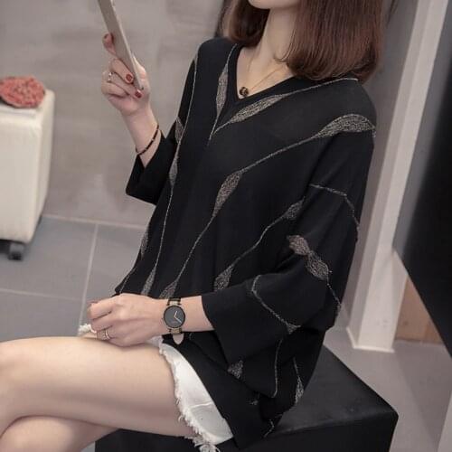 Plus Size V-neck Knitted Sweaters Women 2021 Spring Summer Oversize Jumpers Loose Silver Striped Batwing Sleeve Korean Chic Tops