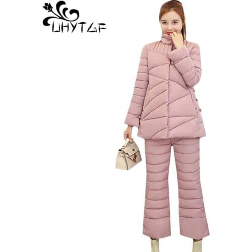 UHYTGF Winter down jacket two piece set loose 2XL plus size cotton top and cotton pants thicken warm Parker 2piece set women 781