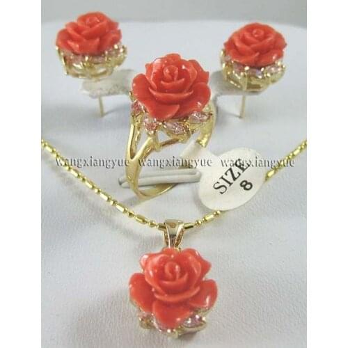 12MM Pink Coral Carved Flower Earrings Ring Necklace Pendant set Jewelry