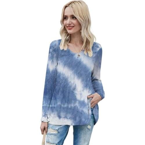 2021 Summer Tie Dye Harajuku Long Sleeve T Shirt For Women V-neck Plus Size Fashions Ladies Tops Vintage Tee Shirt Femme