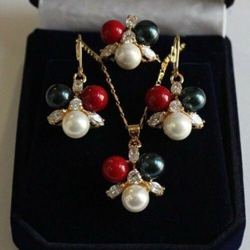 8mm white / Black// Red shell pearl pendant necklace Earring Ring Set AAA