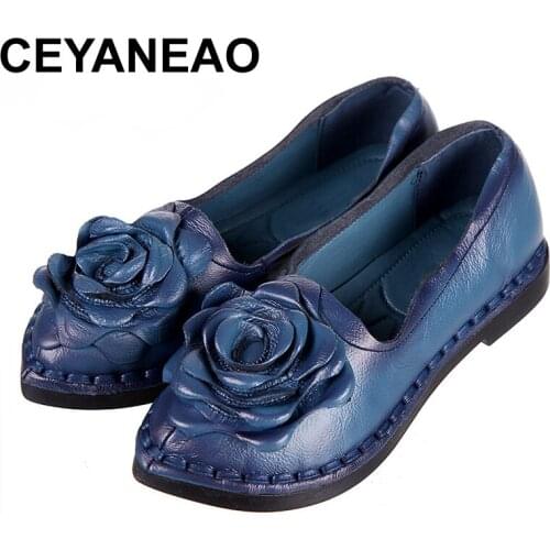 CEYANEAO 2018 Women Handmade Shoes Genuine Leather Soft Safe Flats Autumn Driving Shoes Pointed Toe Women Flats 5 Color