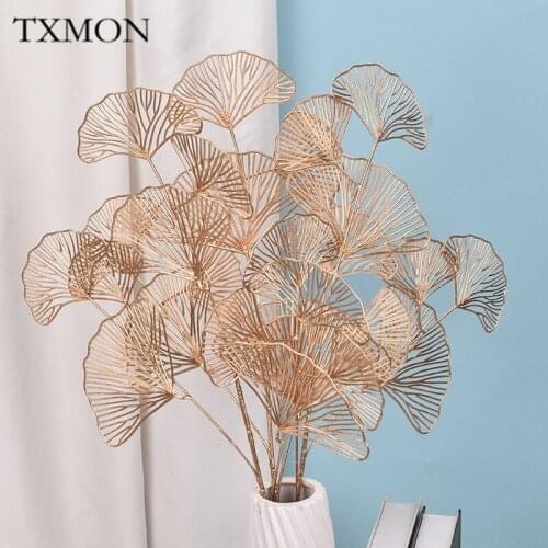 Golgen Simulation Ginkgo Biloba Concentric Flower 3 Fork Pattern Fake Flower Wedding Arrangement Photo Props Furniture Decor