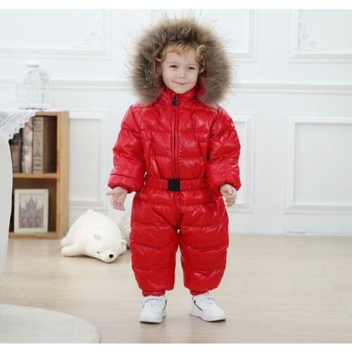 2021 Children Winter Duck Down Jumpsuit Real Fur Baby Warm Snowsuit Boys Girls Snow Wear Rompers Newborn Thick Overalls Coats