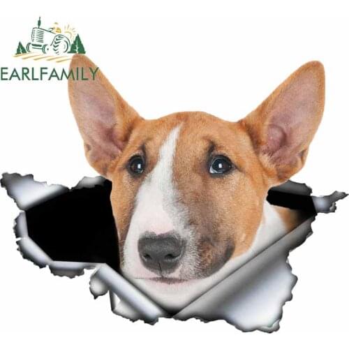 EARLFAMILY Miniature Bull Terrier Car Sticker 3D Torn Metal Original Design Vinyl Bumper Trunk Custom Decal Pet Dog Graphic