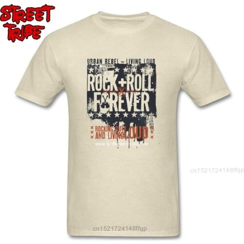 Rock n Roll T-shirt Men Vintage Letter Tshirt Urban Rebel Funky Clothing Cotton Fabric Beige Tops Slim Fit Guys Tees Crew Neck